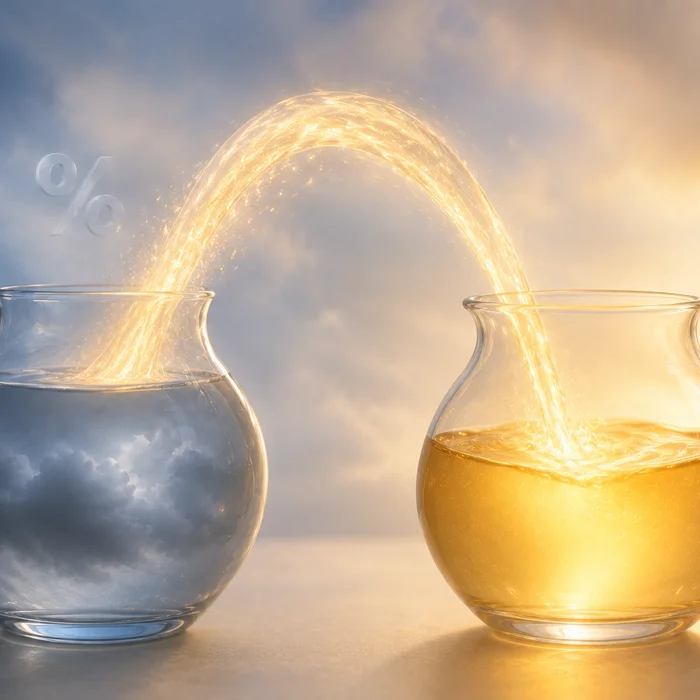 Illustration of money moving from a taxed account into a tax-free account, represented as light pouring from a dim glass vessel into a glowing golden one