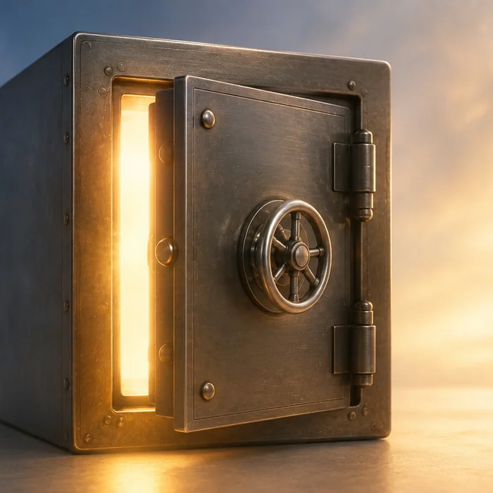 A vault door slightly open with warm golden light spilling out, representing accessible tax-free income secured within a life insurance policy